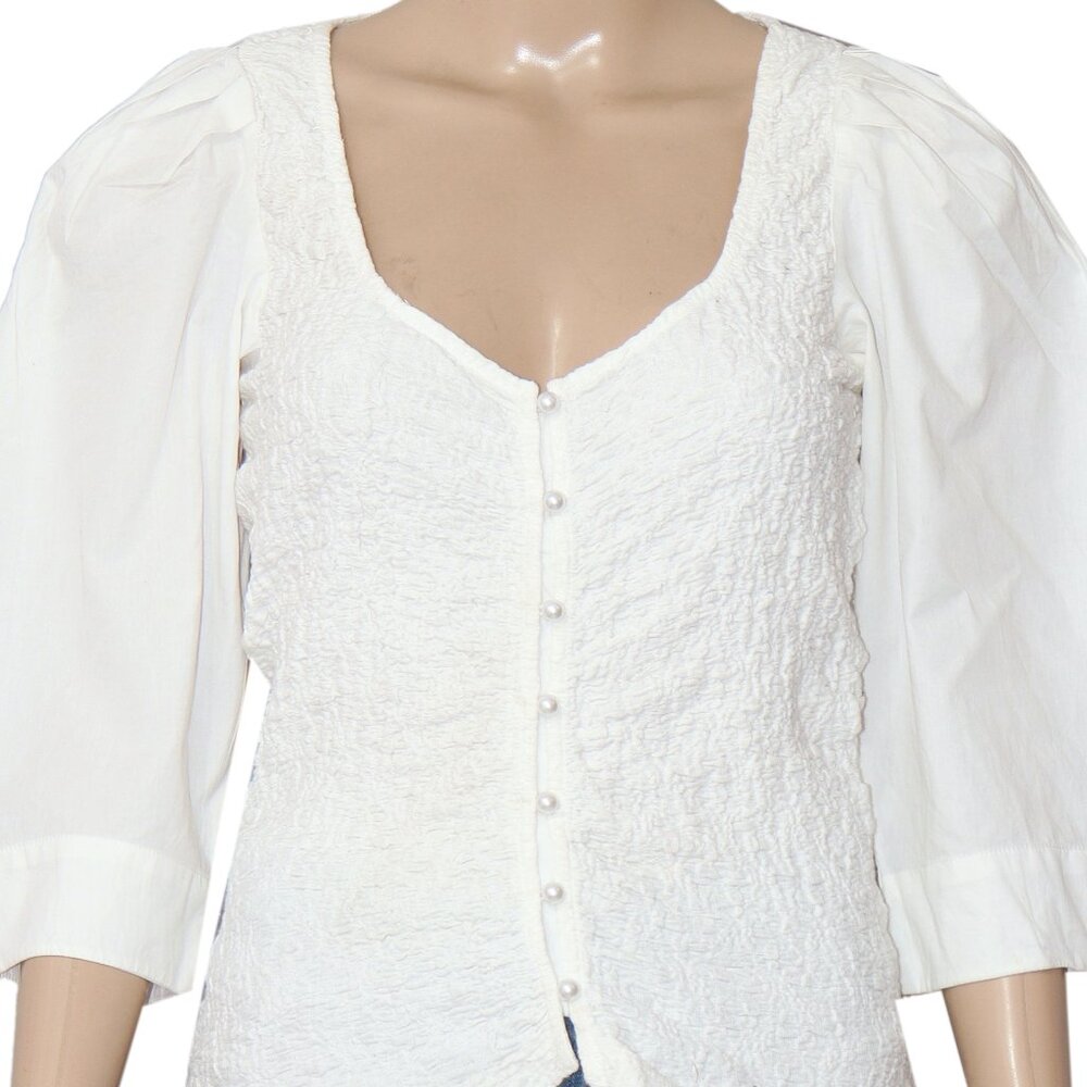 By Anthropologie Smocked Cardigan Top White Buttondown Blouse S - Picture 6 of 8